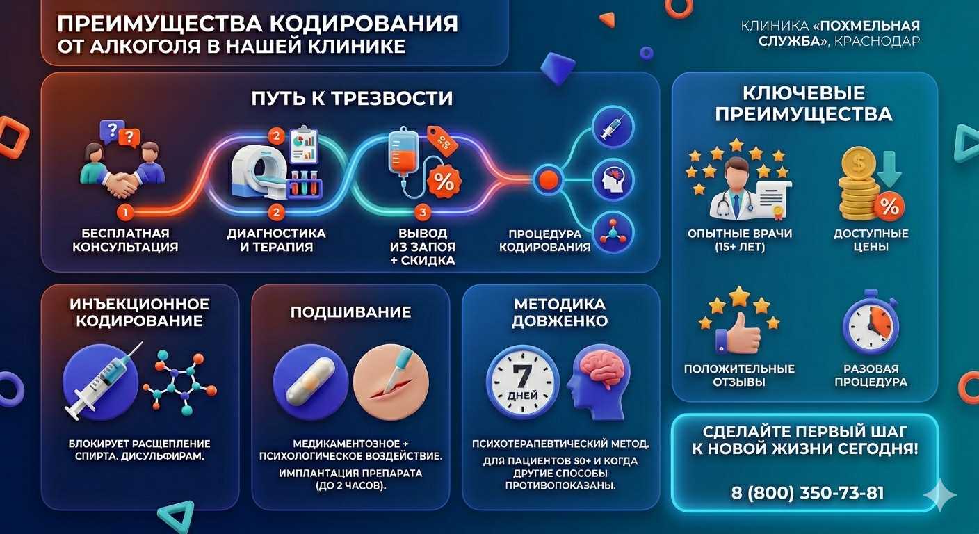 Инфографика о методах кодирования от алкоголя в Стародеревянковской: инъекции, подшивание, метод Довженко. Преимущества клиники и этапы лечения.