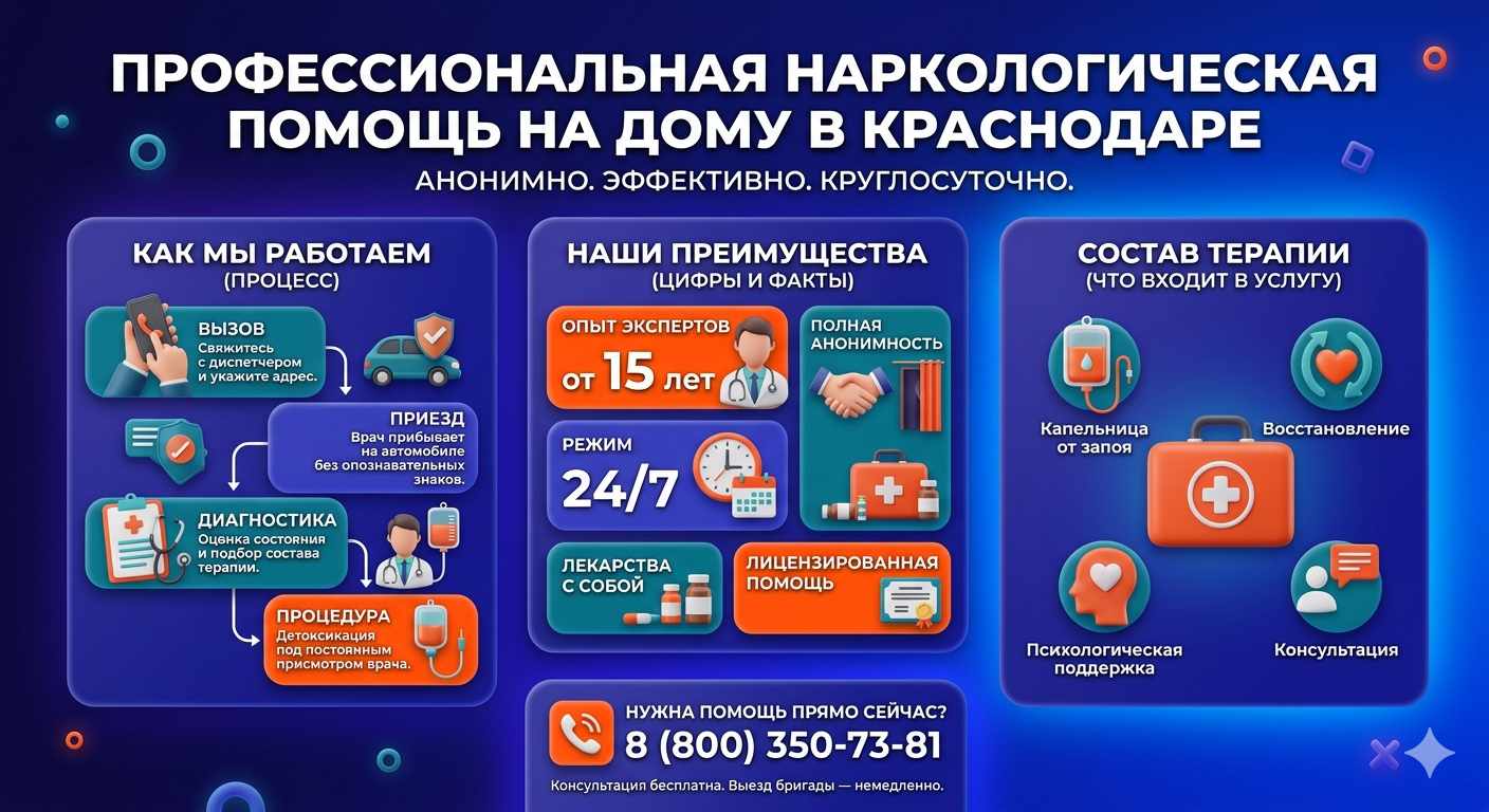 Инфографика о принципах лечения алкоголизма на дому в Стародеревянковской: этапы вызова нарколога, преимущества анонимной детоксикации и состав медицинской помощи.